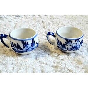 Vintage Delft Blue & White Floral Hand Painted Miniature Cups